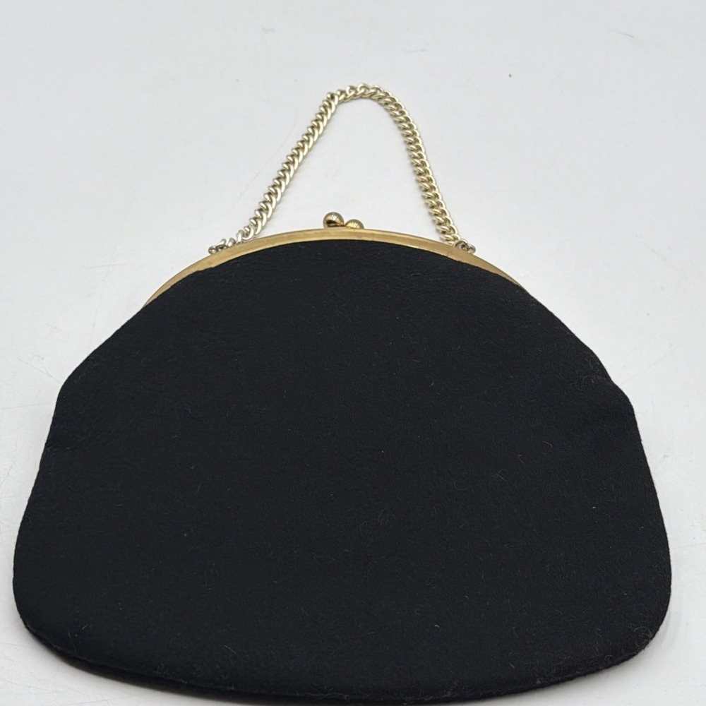 Vintage Garay Women's Black Evening Bag Gold Tone Chain & KISS Clasp EUC